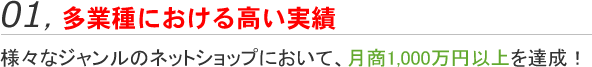 他業種における高い実績：様々なジャンルのネットショップにおいて、月商1,000万円以上を達成！