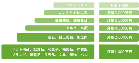 ファッション：月商1億円、コンタクトレンズ：月商7,000万円、健康機器・食品：月商6,000万円